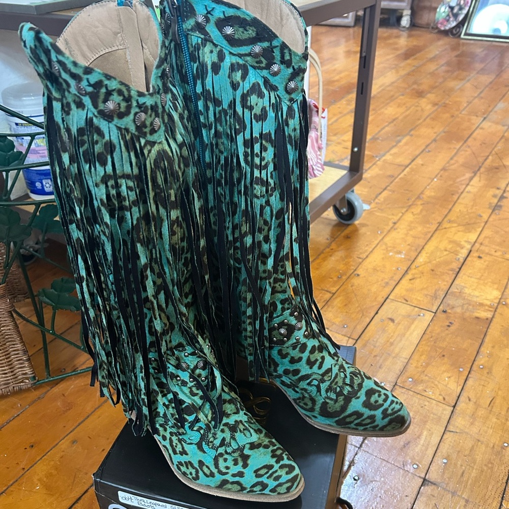 Lucky & Blessed Green Leopard Heeled Boots
